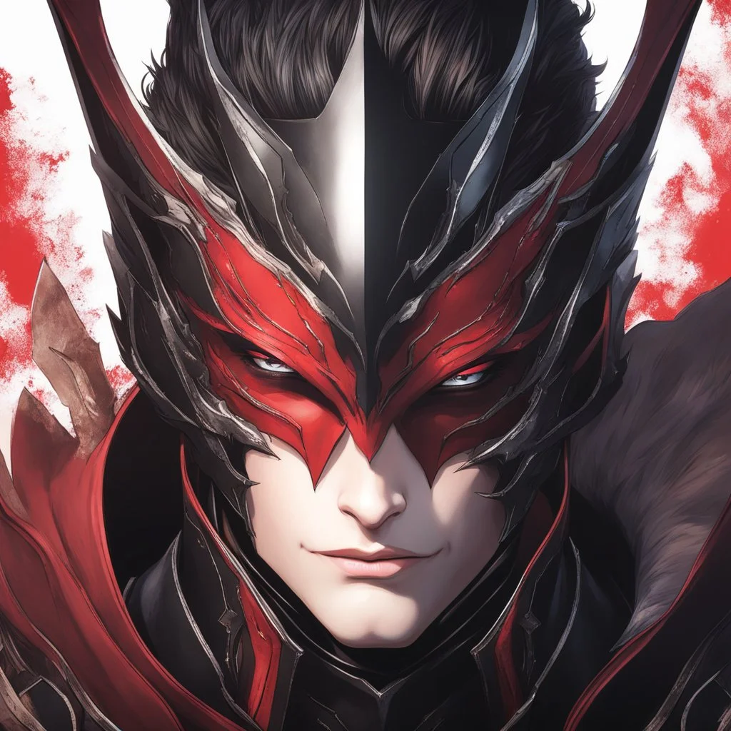 A headshot of a handsome, male villain in his late 20's, scar on one cheek, he radiates raw dark power, wearing red and black leather fantasy armor, intricately detailed, anime style, 8k resolution, medieval background