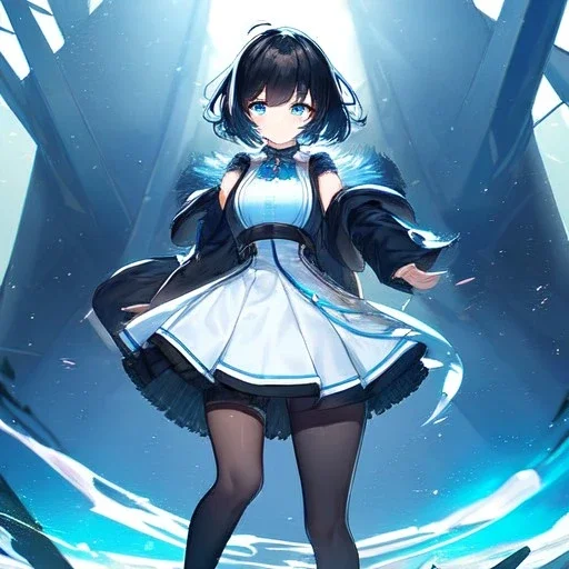 Clear focus,High resolution, Black short fluffy hair, and blue eyes, wearing a light blue sleeveless shirt with vertical stripes, black cut sleeves, wearing long black boots, wearing a white short skirt