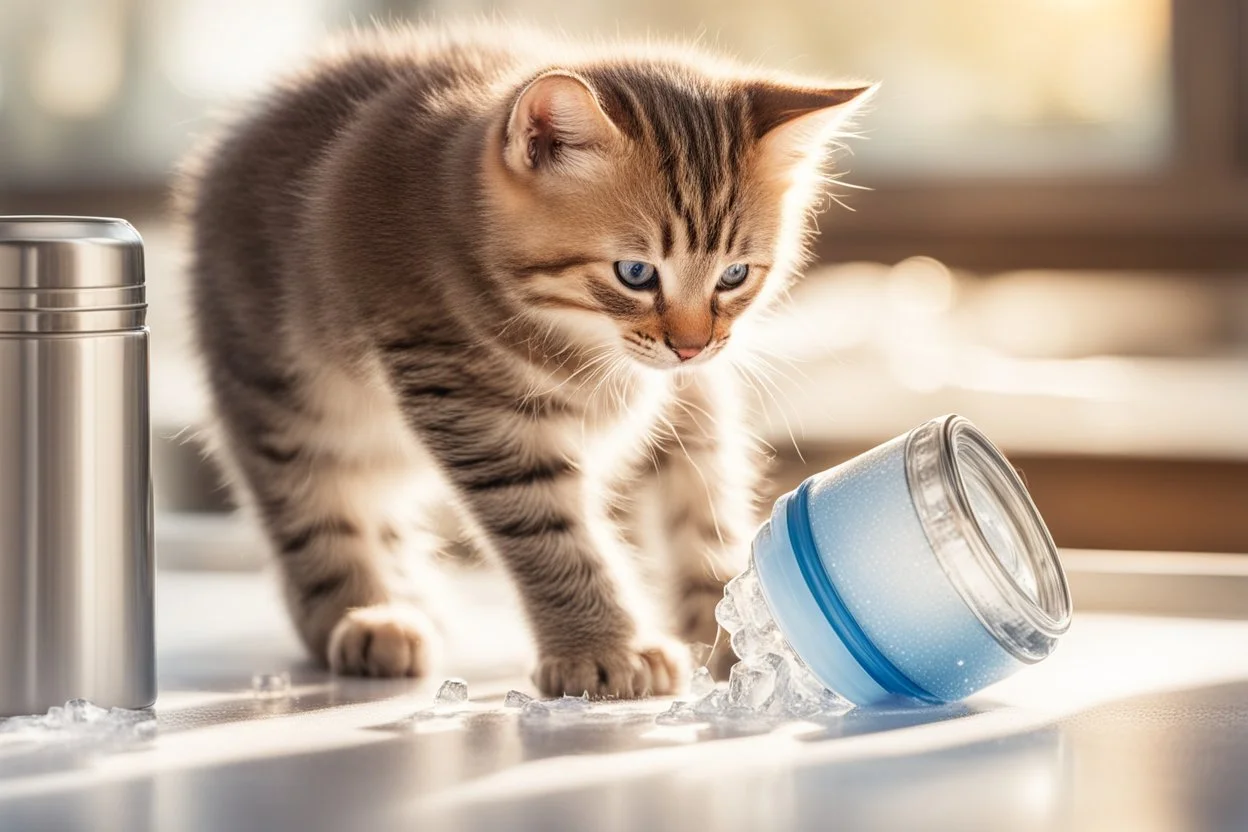 Cute tabby kitten sniffing ice water spilling from a thermos in a kitchen in the sunshine. Ice cubes and snowflakes.