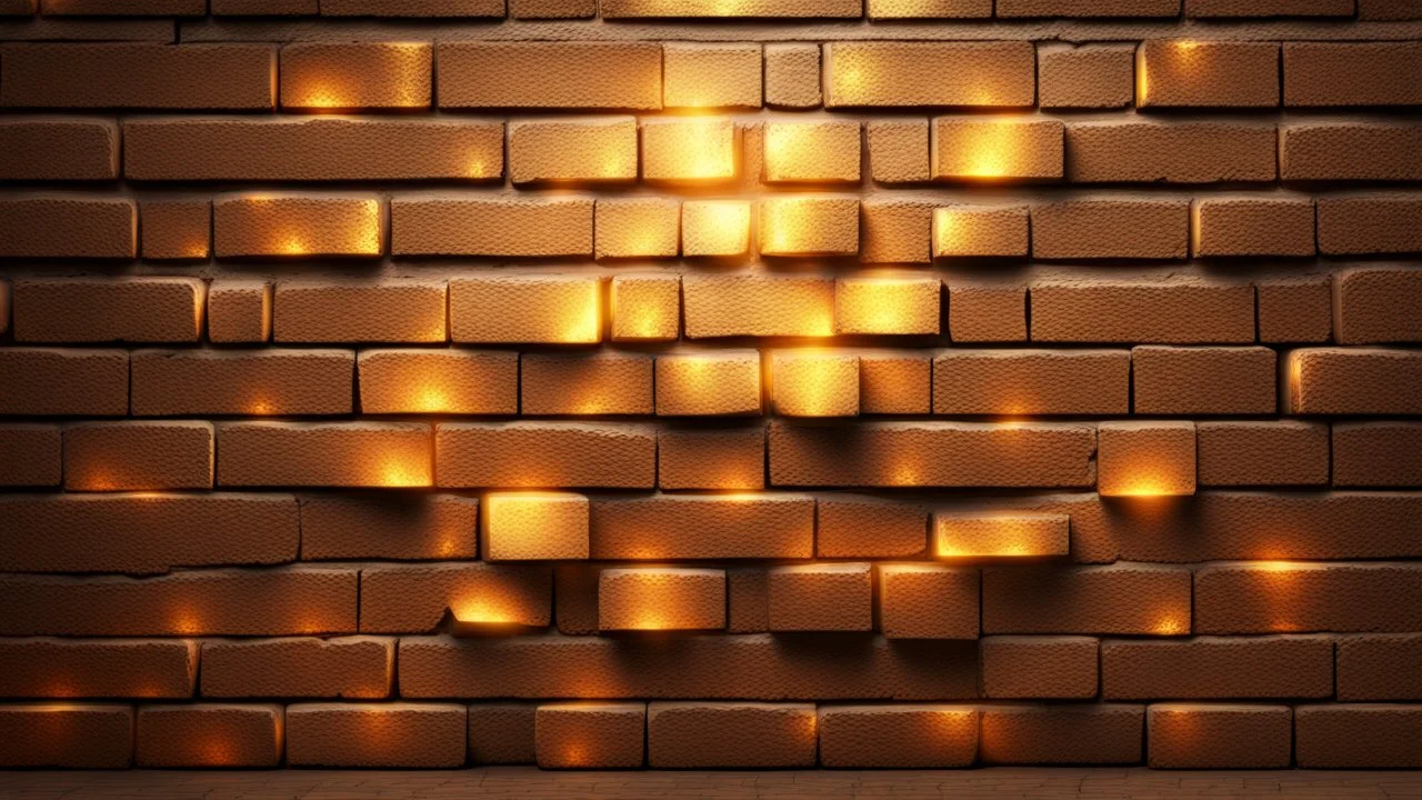 Hyper Realistic glowing-golden-bricks-with-embers on brown-rustic-wall-background with shadows