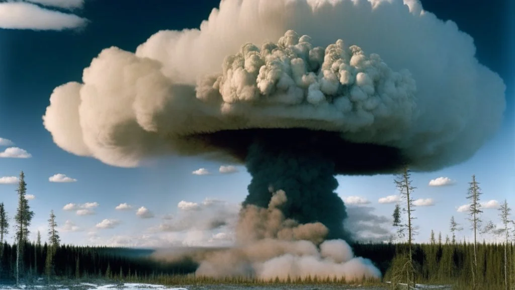 Siberia scenery,taiga forest, consisting of tall trees and dense vegetation, a mushroom-shaped cloud rises into the sky. The cloud is depicted as a massive column of smoke, dust, and debris, ascending vertically and spreading out at the top, forming a distinctive mushroom-like shape, a barren and desolate scene, with charred remnants of trees scattered across the scorched earth, high resolution photo 24K, high quality, ultraHD, cinematic lighting,