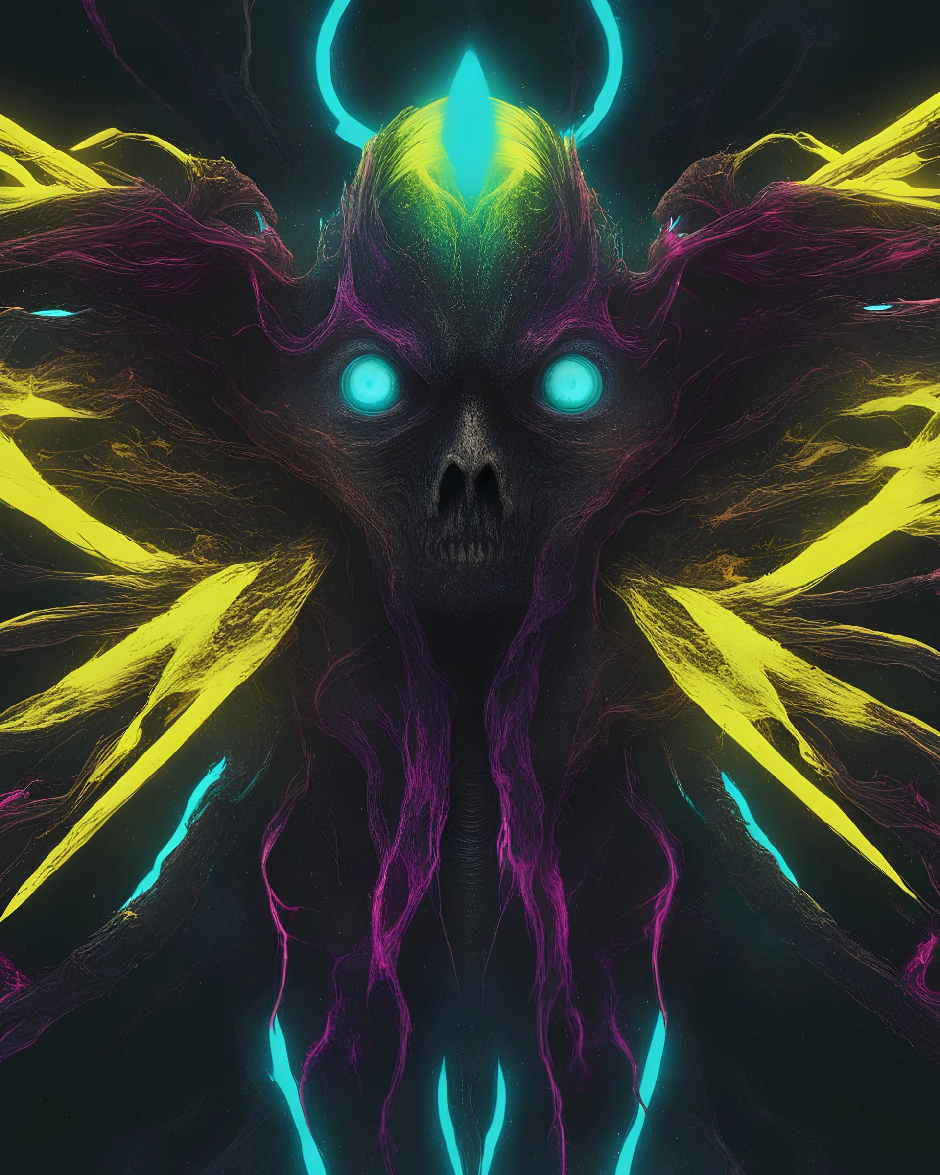 cosmic environment, rotten fallen archangel, ((yellow glowy eyes)), biomechanical, eerie, creepy, nightmarish, neons bright colors, splash of teal and magenta, light particles, bioluminescence, Mschiffer, wallpaper art, UHD wallpaper