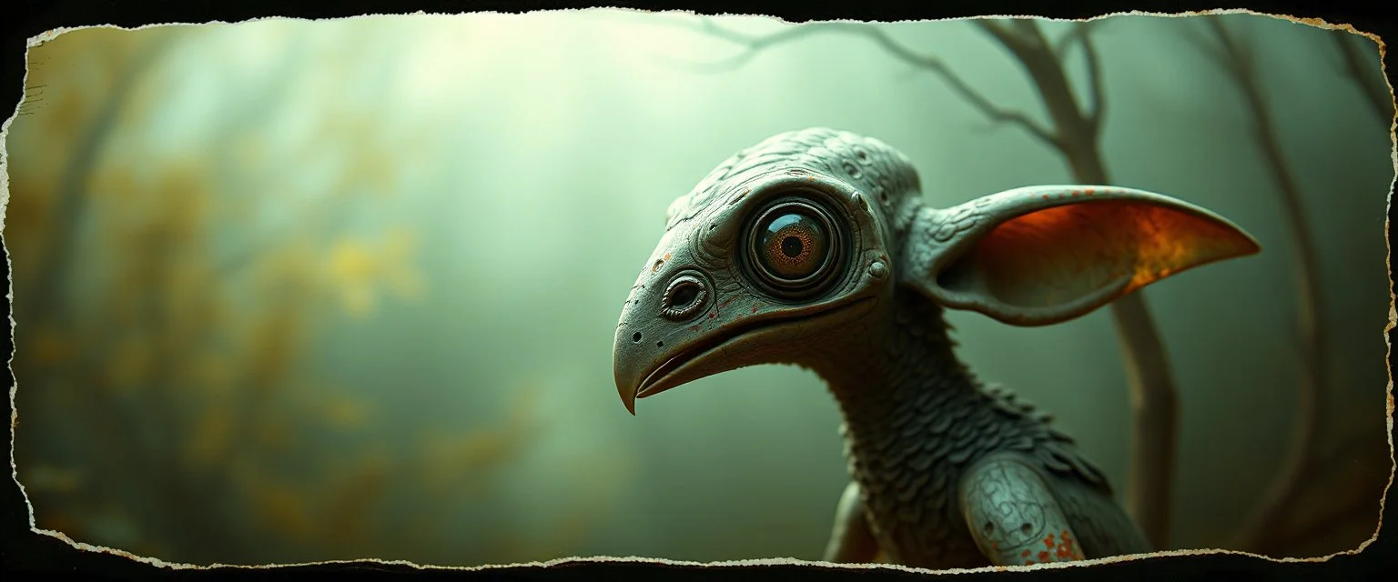 3d airbrush render, bird elf alien dodo , pinhole cam, airbrush 3d rendering, in the style of Titian and Dali , torn edges on border