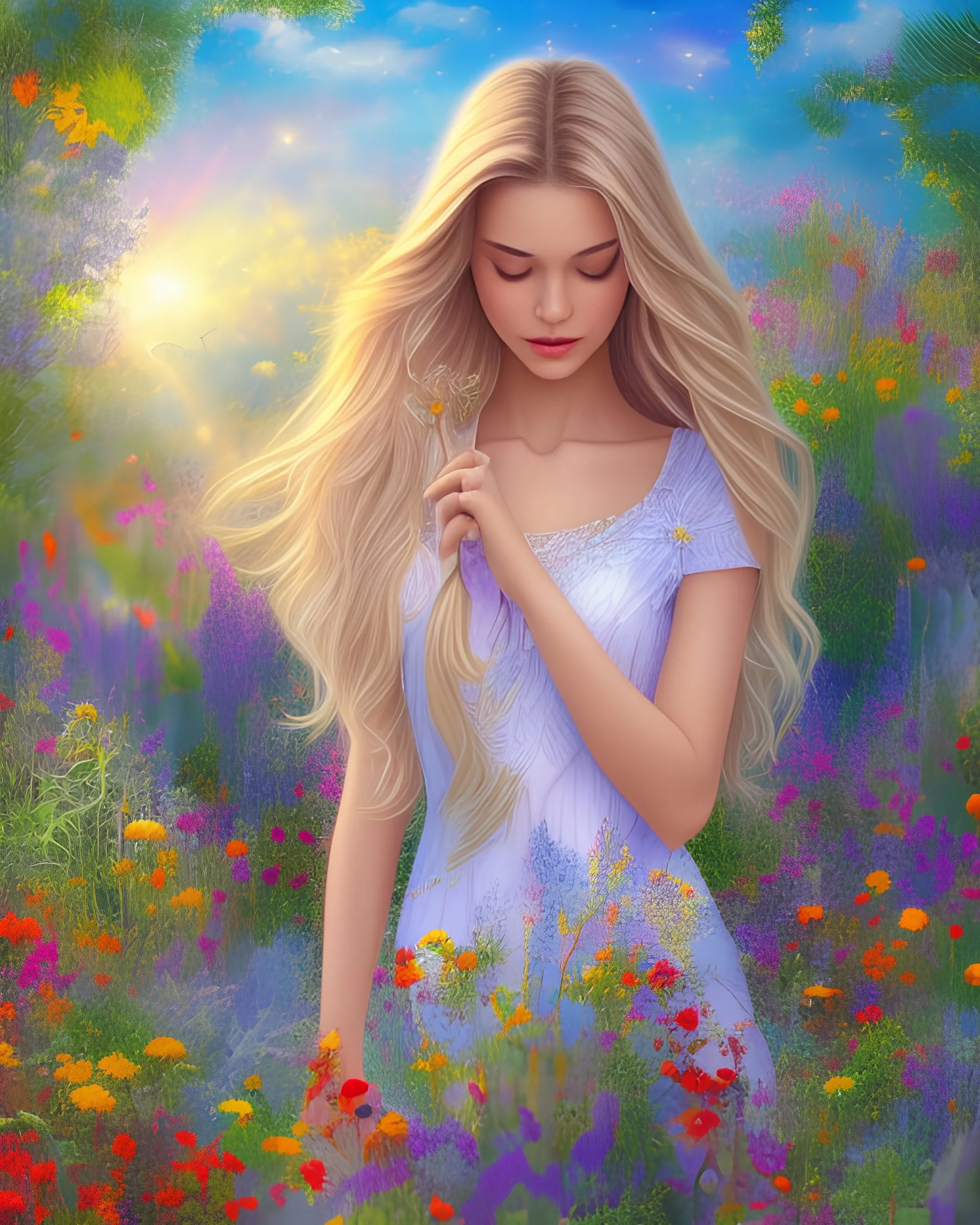 A captivating coloring book scene featuring a 20-year-old girl with long blond hair, engaged in a moment of quiet reflection, surrounded by a garden of vibrant flowers, sunlight gently illuminating the scene, portraying a serene and introspective atmosphere, Illustration, coloring book style