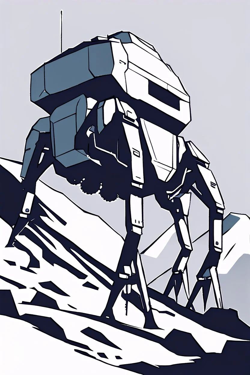 a minimalist silhouette of a sleek mechanical walker with eight legs scaling a very steep snow covered side of mout everest at night, it has a smooth surface, it has storage pods on its belly and humans can fit in the pods