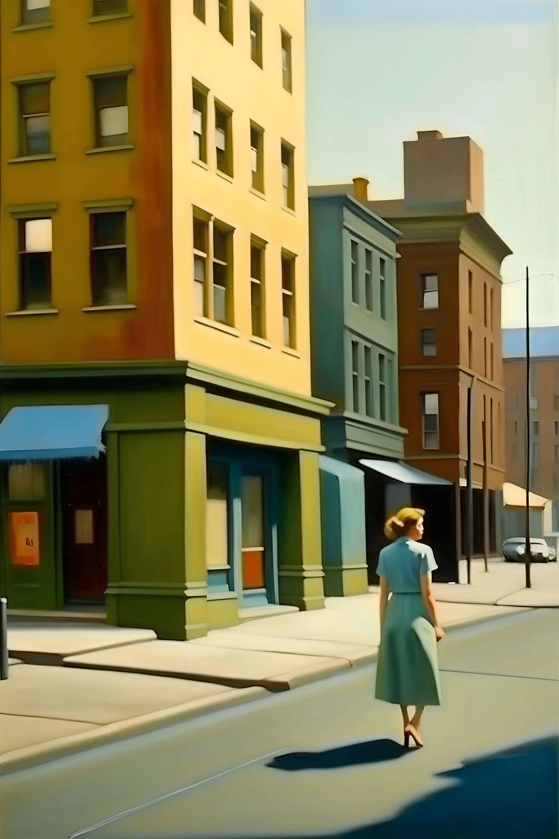 tableau avec immeubles , boutiques, une femme sur la route en centre ville urbain a la manière du peintre Hopper,