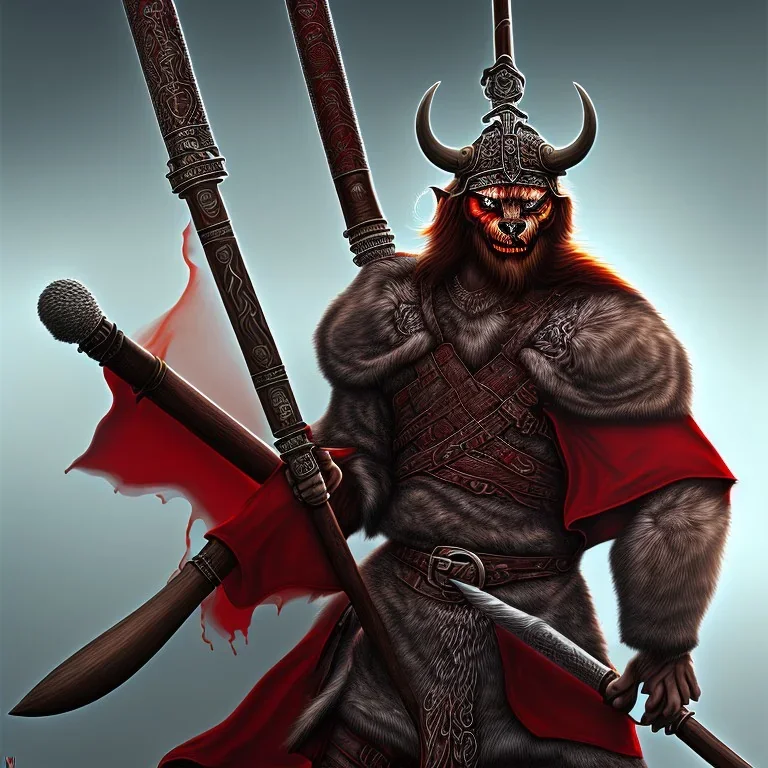 Demon protecteur avec un marteau de guerre en main. Armure rouge viking. Style science fiction. Ville feu