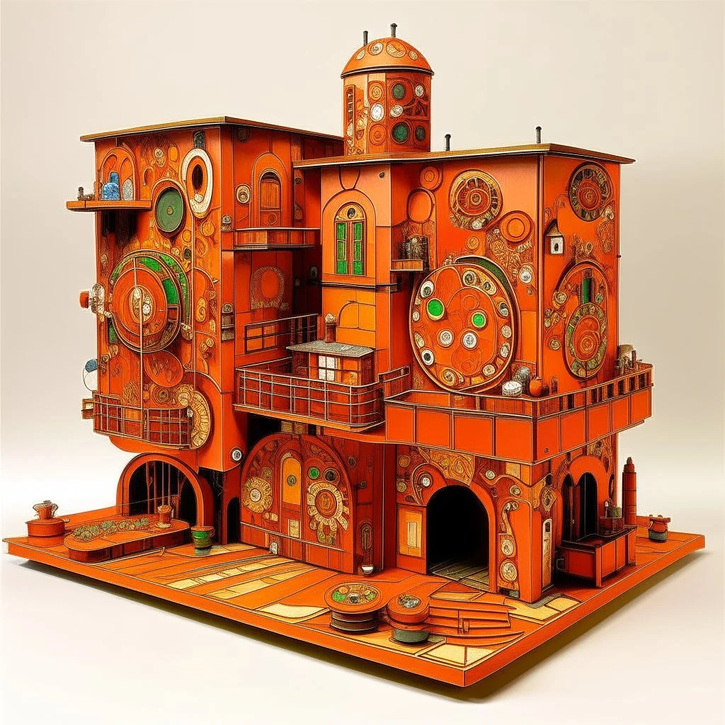 An orange colored mechanical factory with magnets designed in Moroccan rug art painted by Gustav Klimt