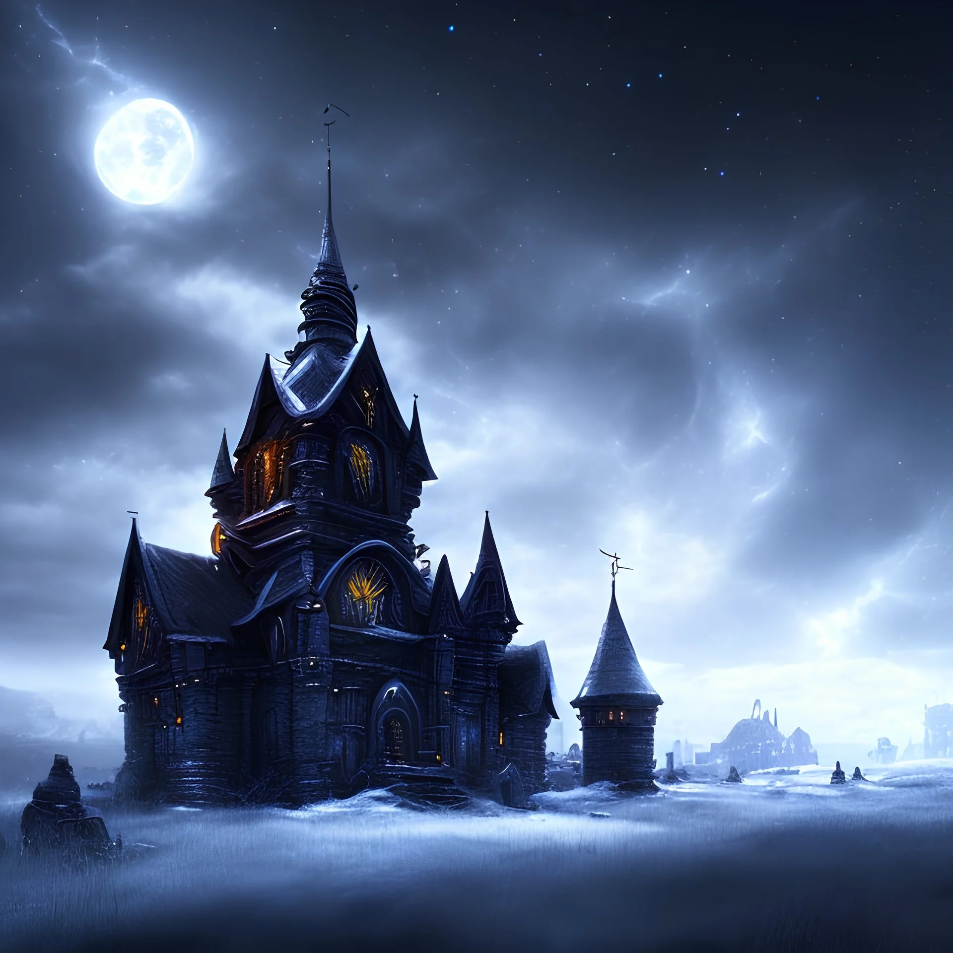 nightsky, blue, black, fields, abandoned buildings, ruins, cottage, gothic castle, metal, gold,