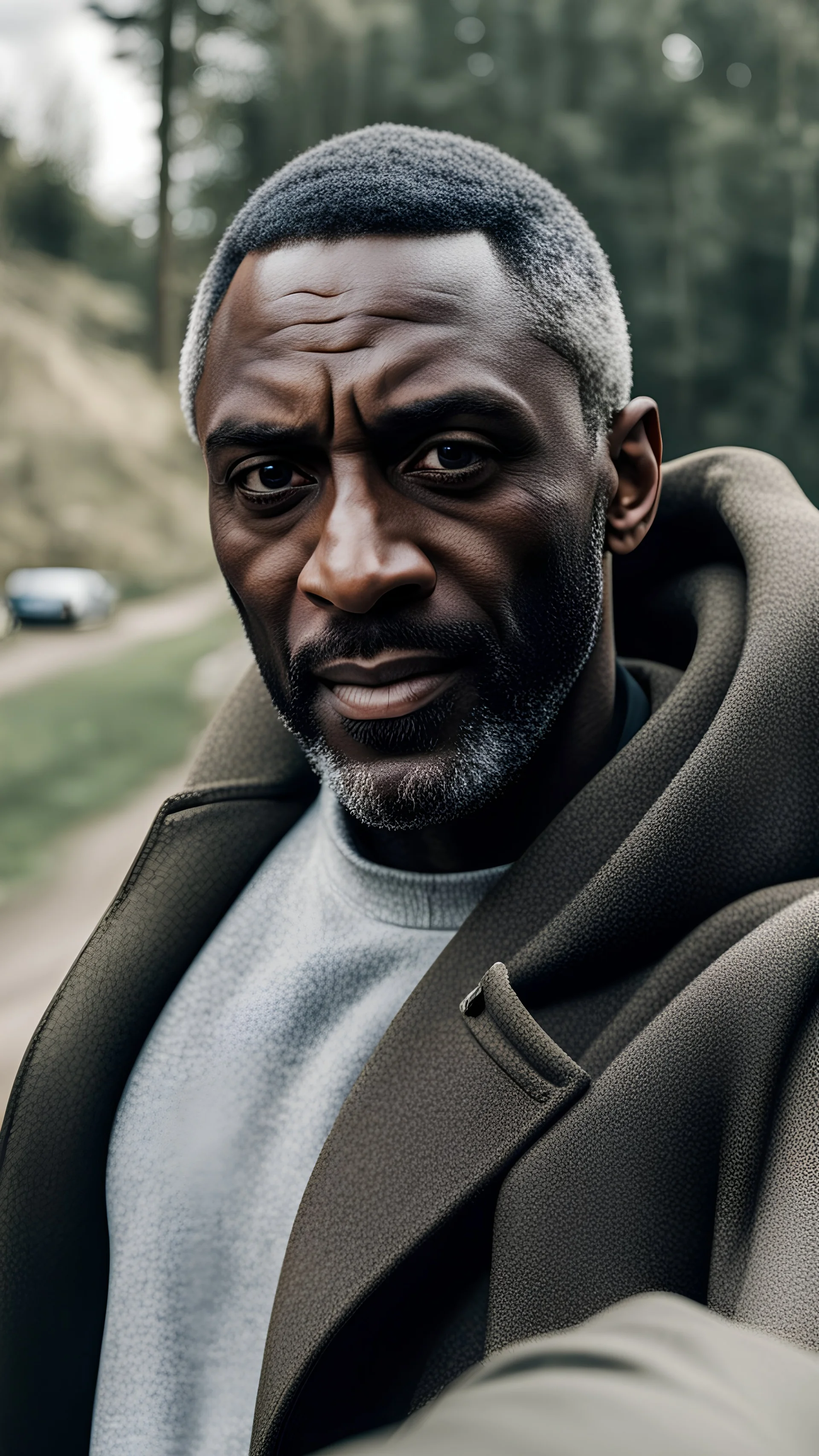 selfie shot on iPhone 12 Pro Max, of Idris Elba taking a selfie without phone, snapshot realism, emphasis on facial expression