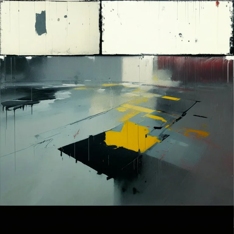 Minimal abstract oil paintings desolate 1960s carpark concrete fragments in a rain storm. style of Justin Mortimer and Francis Bacon. road markings.