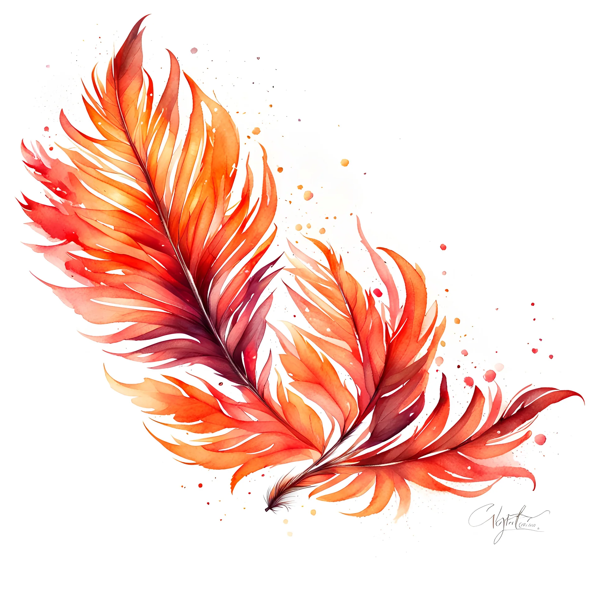 watercolor drawing of a firebird feather on a white background, Trending on Artstation, {creative commons}, fanart, AIart, {Woolitize}, by Charlie Bowater, Illustration, Color Grading, Filmic, Nikon D750, Brenizer Method, Perspective, Depth of Field, Field of View, F/2.8, Lens Flare, Tonal Colors, 8K, Full-HD, ProPhoto RGB, Perfectionism, Rim Lighting, Natural Lighting, Soft Lighting, Acc