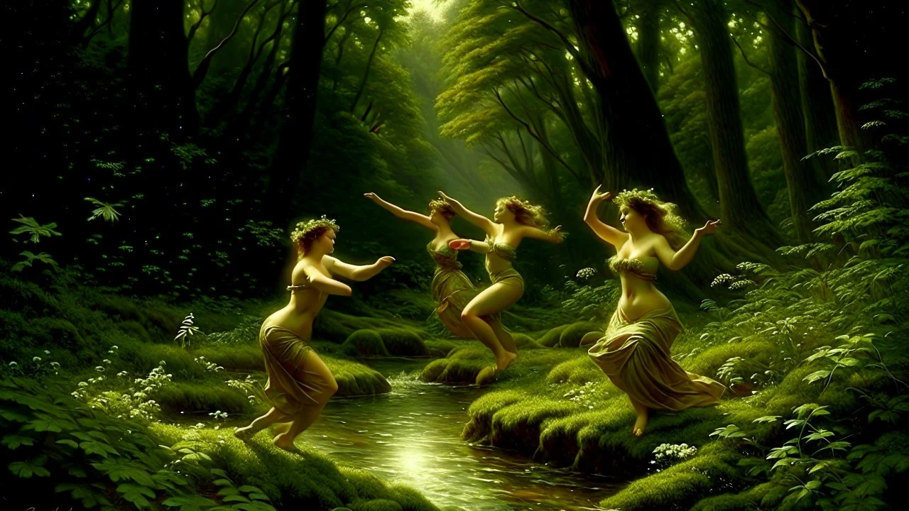 Nymphs Dancing in a stream, in a woodland clearing