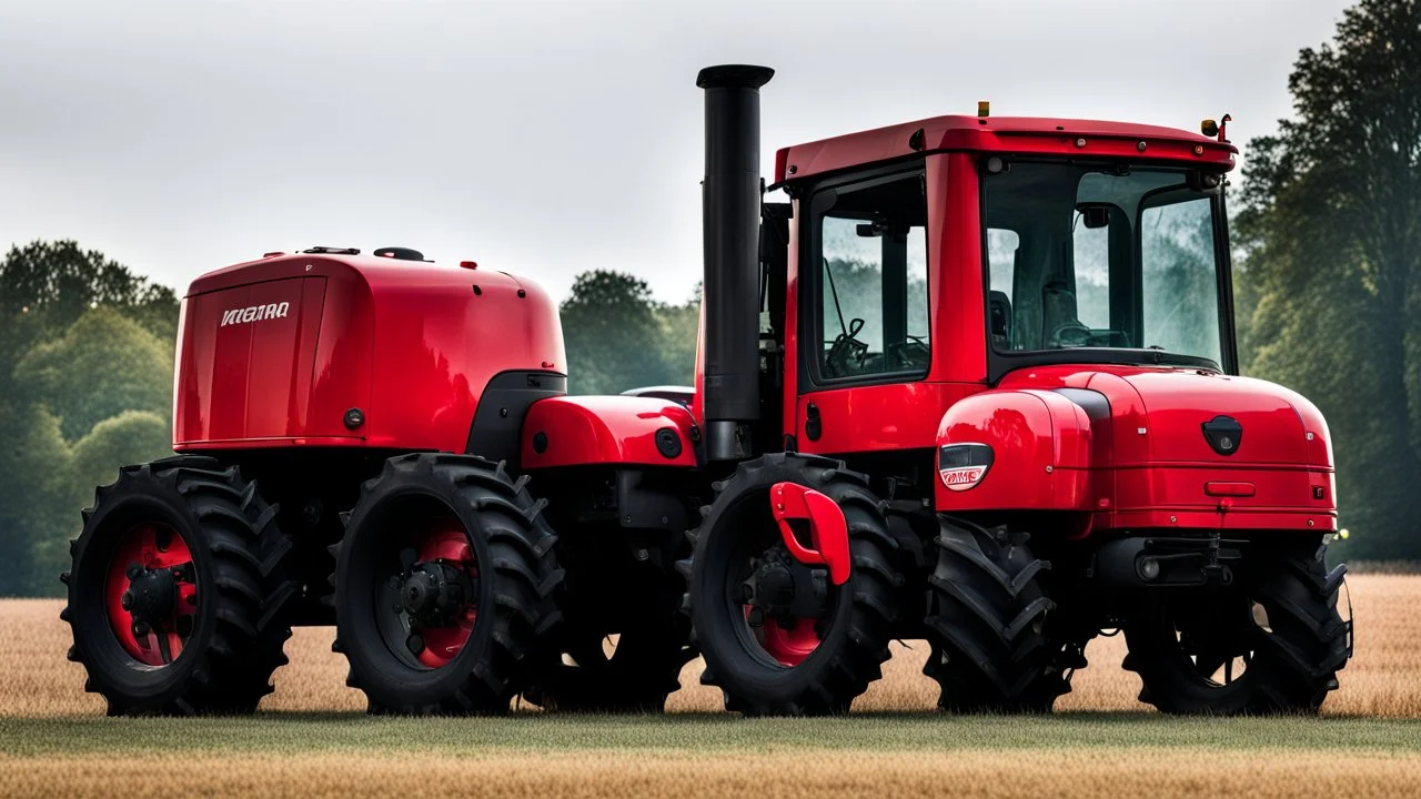 side of a tractor(red) with black wheels and closed cab