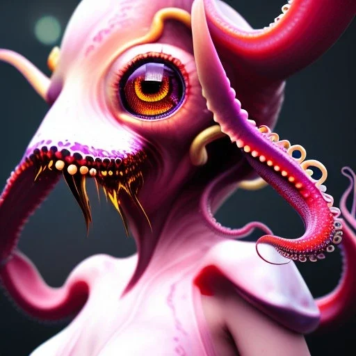 leaning pose, slobber octopus , pink short hair, latex suit, full body, squid, nice end of darkness Dark Woman Little Horns Little Horns Sad Eyes dual soul fire girl soul fire cute realistic hell Dark Realistic Cuteintricate detail , portrait, high lighting, Gradient background,