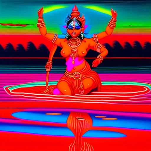 An oil painting of goddess Kali crossing a lake, neon red colors