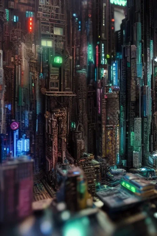 Macro photography, miniature cyberpunk metropolis, ultra realistic, highly detailed, 16k