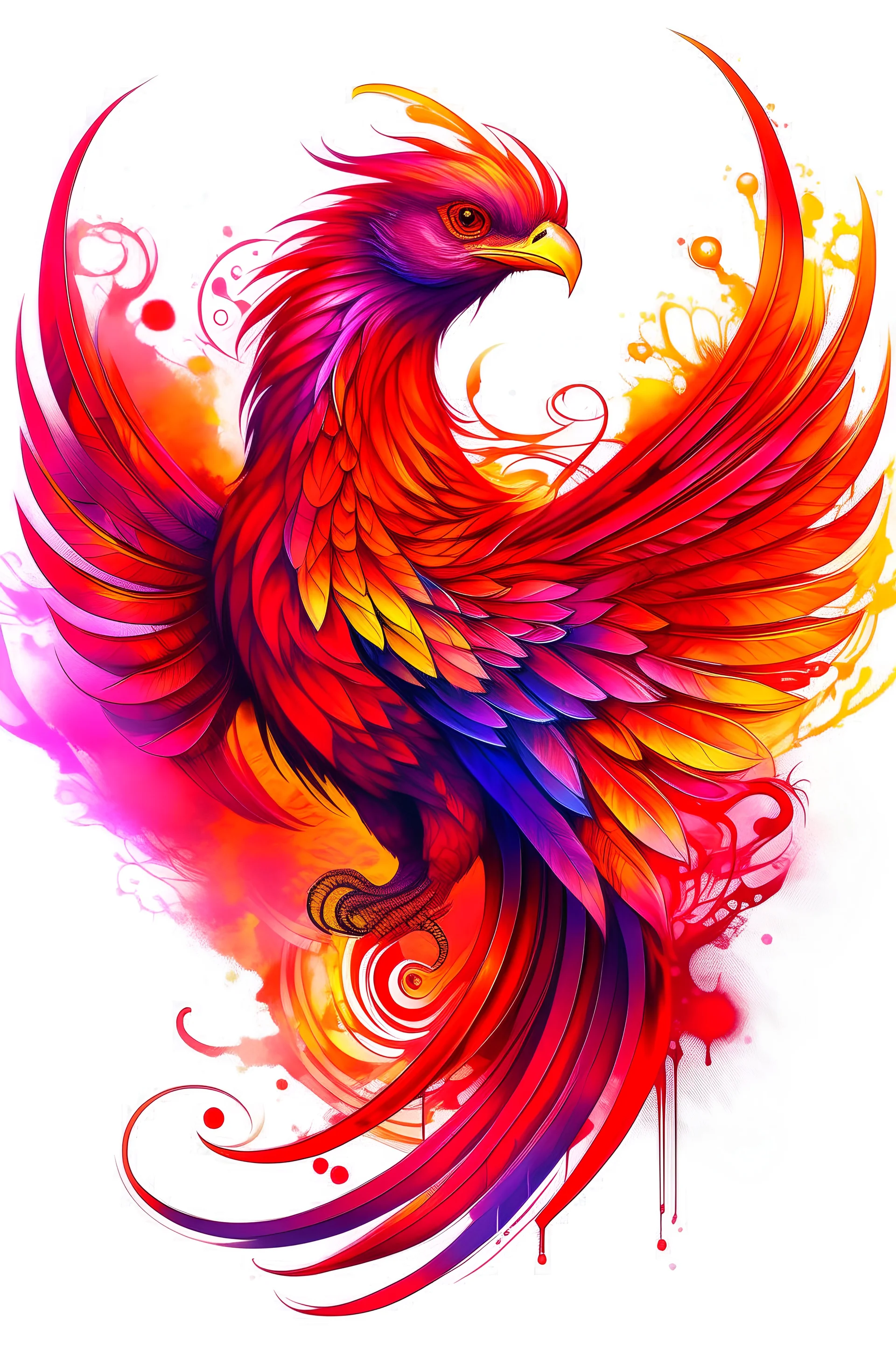 portrait of the phoenix bird which symbolizes valor, renewal and consists of the colors red, orange and purple