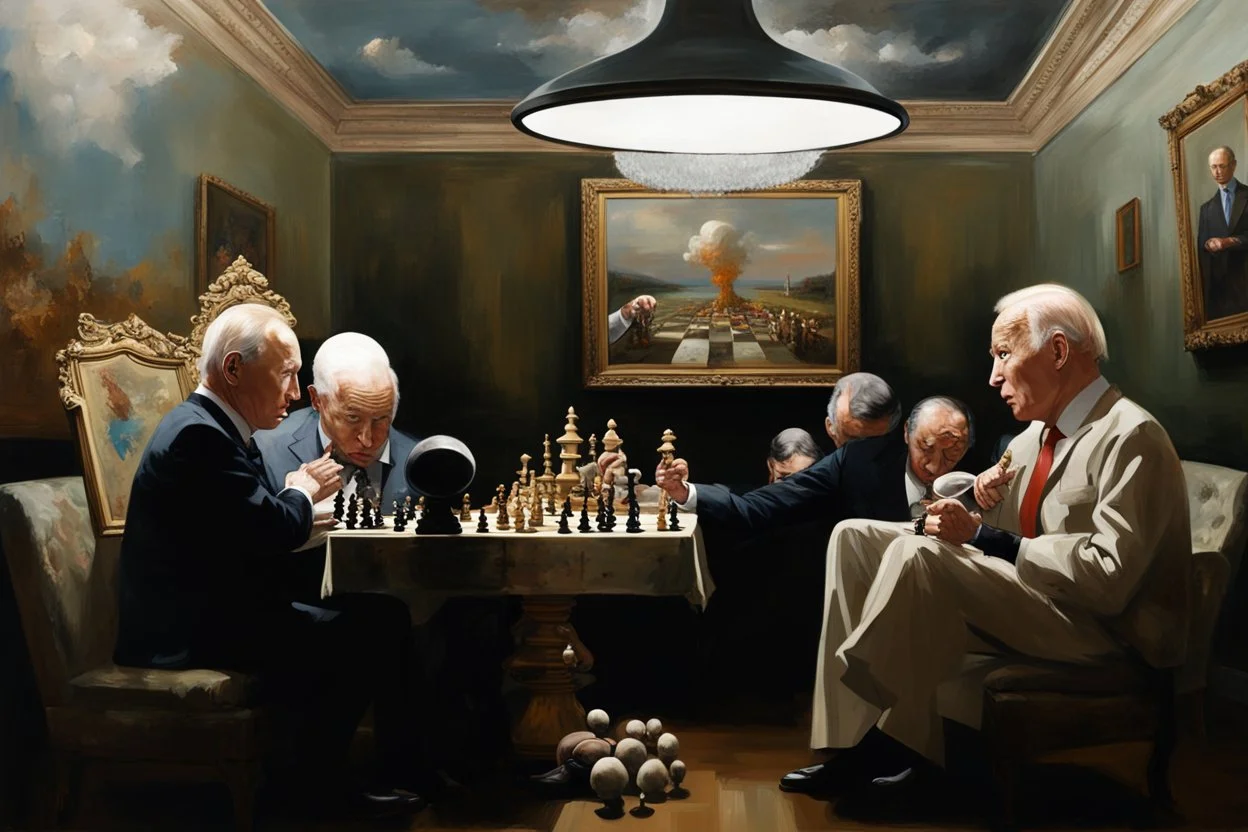 Putin, President Xi Of China And Joe Biden Play Chess With Atomic Bomb Mushroom Cloud,Complex Surgical Instruments Intermixed With A Newborn Boy,Minimalism,Painting By Adrian Ghenie,Rene Magritte,Pablo Picasso,Michelangelo,Salvador Dali,Lucian Freud