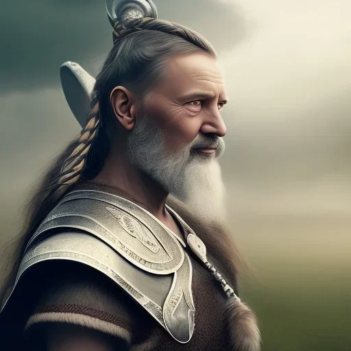 Viking theme, a younger woman sitting next to a 50-year-old man, portrait, 8K, close-up face, anatomically perfect face, Highly detailed stunning full frame portrait, misty and cloudy atmosphere