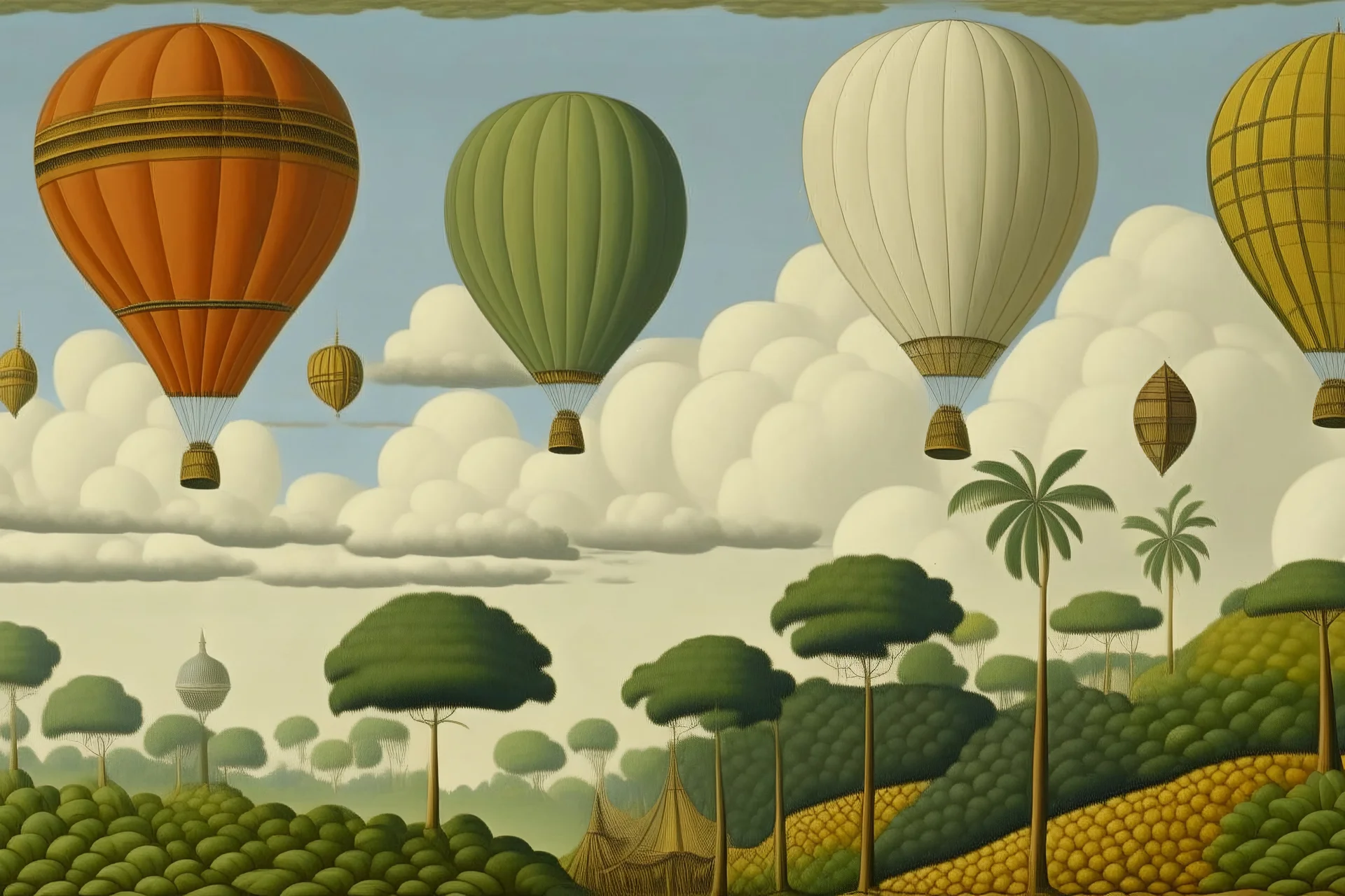 A white sky with puffy clouds and airships designed in African pottery painted by Henri Rousseau