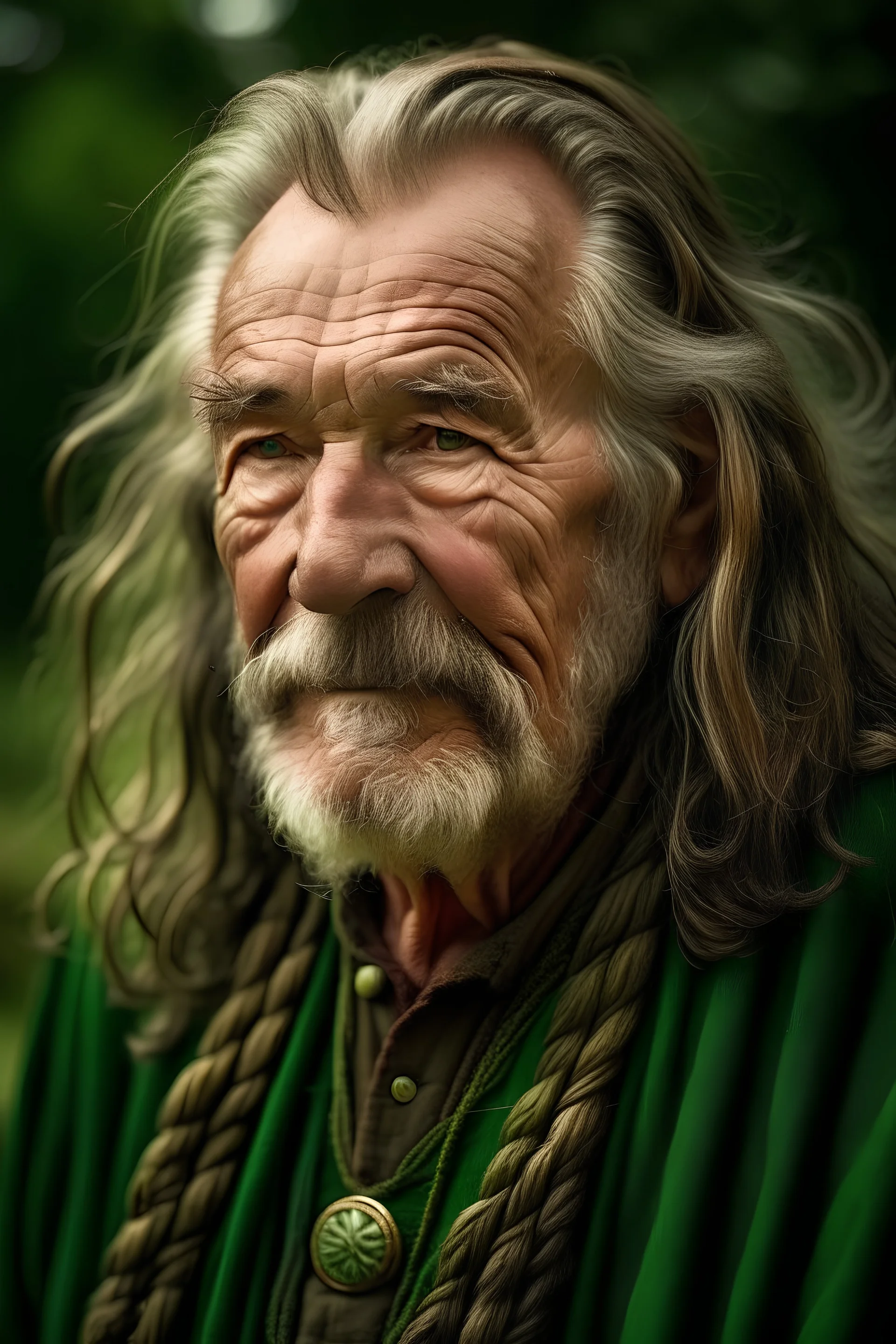 portrait of a handsome 80 year old highlander with long hair, earthbound, his favorite colors green, his favorite place is in the wood or in the garden