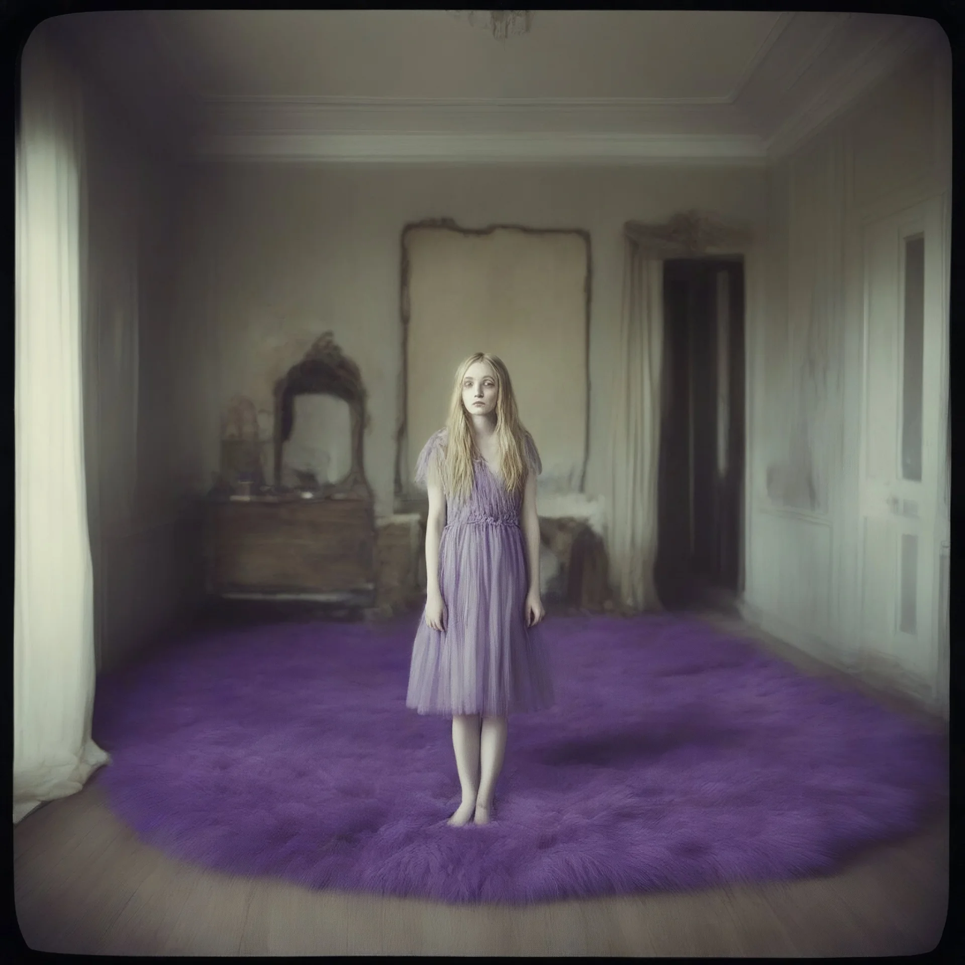 Dakota fanning, hippie girl,purple fur, in a liminal empty room, old autochrome