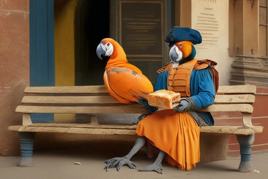 Half parrot half human in a 1700s Orange Dutch uniform siting on a bench in a Dutch city eating a loaf of bread