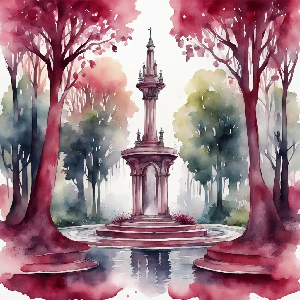 Watercolor burgundy gothic style nature forest with fountain and trees