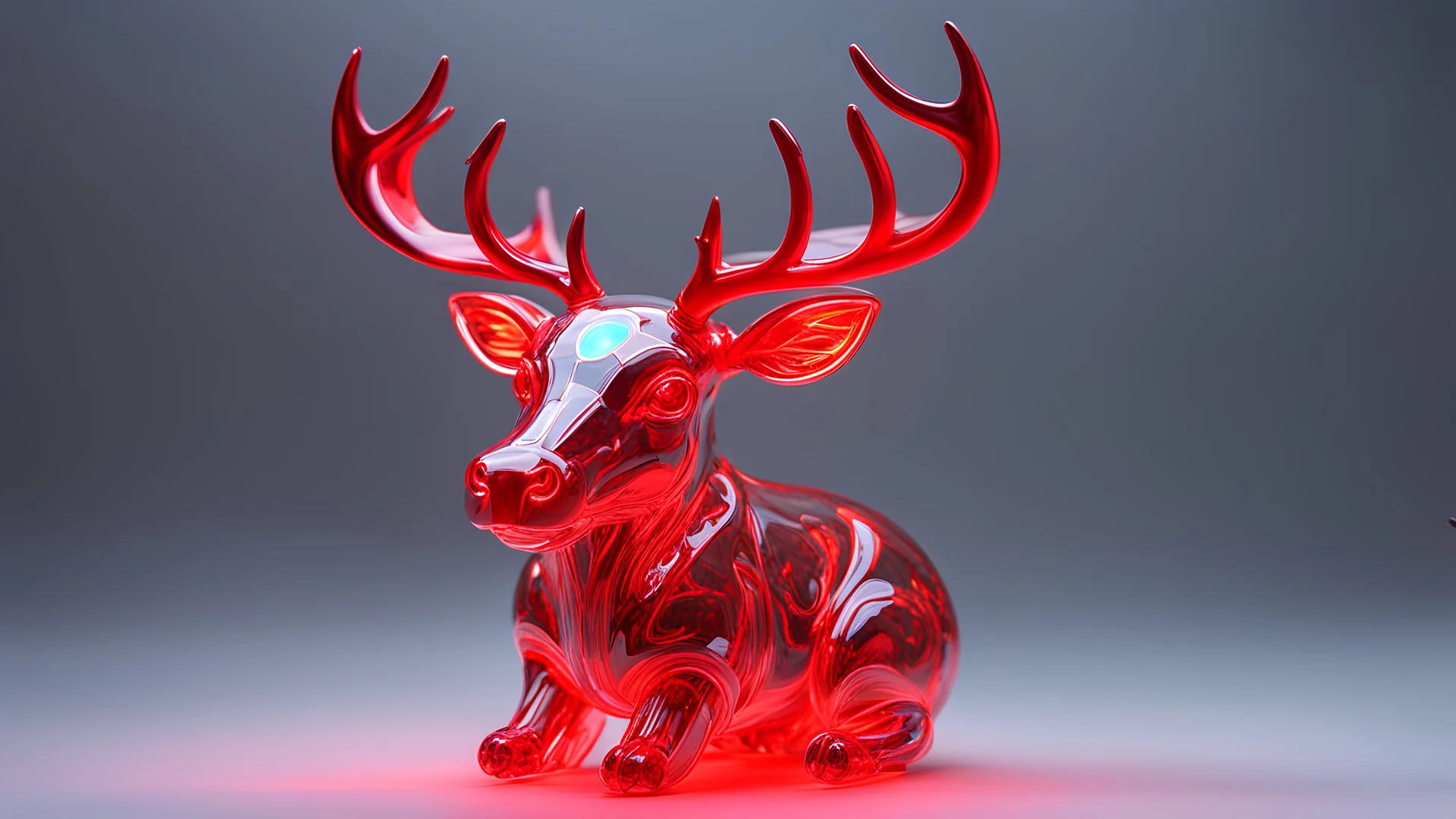 instant christmas, neon red reindeer, high quality fantasy art of a beautiful raging reindeer made of transparent glass, glowing within, delicate figurine, red nose, kawaii, chibi, adorable, flame eyes, ultra Realistic, Extreme Detailed, beautiful Prism light, neon light, Glass made ultra Detailed transparent raging red reindeer, ultra transparent, wearing glass made transparent luxury Armor, Hyper realistic art skull joker demon concept art portrait by Casey Weldon, Olga Kvasha, Miho Hirano