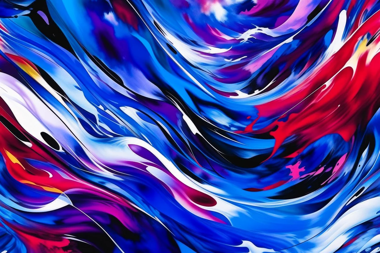 This image is a digital abstract watercolor painting featuring vibrant, fluid brushstrokes in shades of blue, purple, red, and black. The composition is dynamic, with swirling, jagged shapes forming a sense of movement and energy. The background is stark white, enhancing the vivid colors and contrasts. The texture is smooth, with some areas more densely painted than others, creating depth and dimension. The painting evokes a sense of spontaneity and freedom, reminiscent of expressionist art