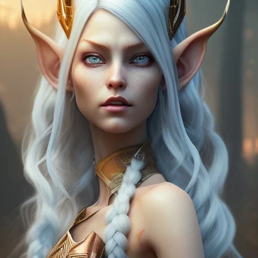 Abstract Portrait of an angry female wood elf diplomat with long, curled, white hair and blue eyes. She has rough copper skin with yakuza tatu, atmospheric, realistic, unreal engine cosmic galactic, cinematic lighting, octane render, random colors, transparent, cosmic ambiance, masterpiece, art by Yoji Shinkawa, composing fit inside, masterpiece