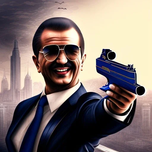 water color art,mafia family boss grinning with black greasy hair, holding up auto-pistol and wearing suit, city streets in background,run for cover, book illustration