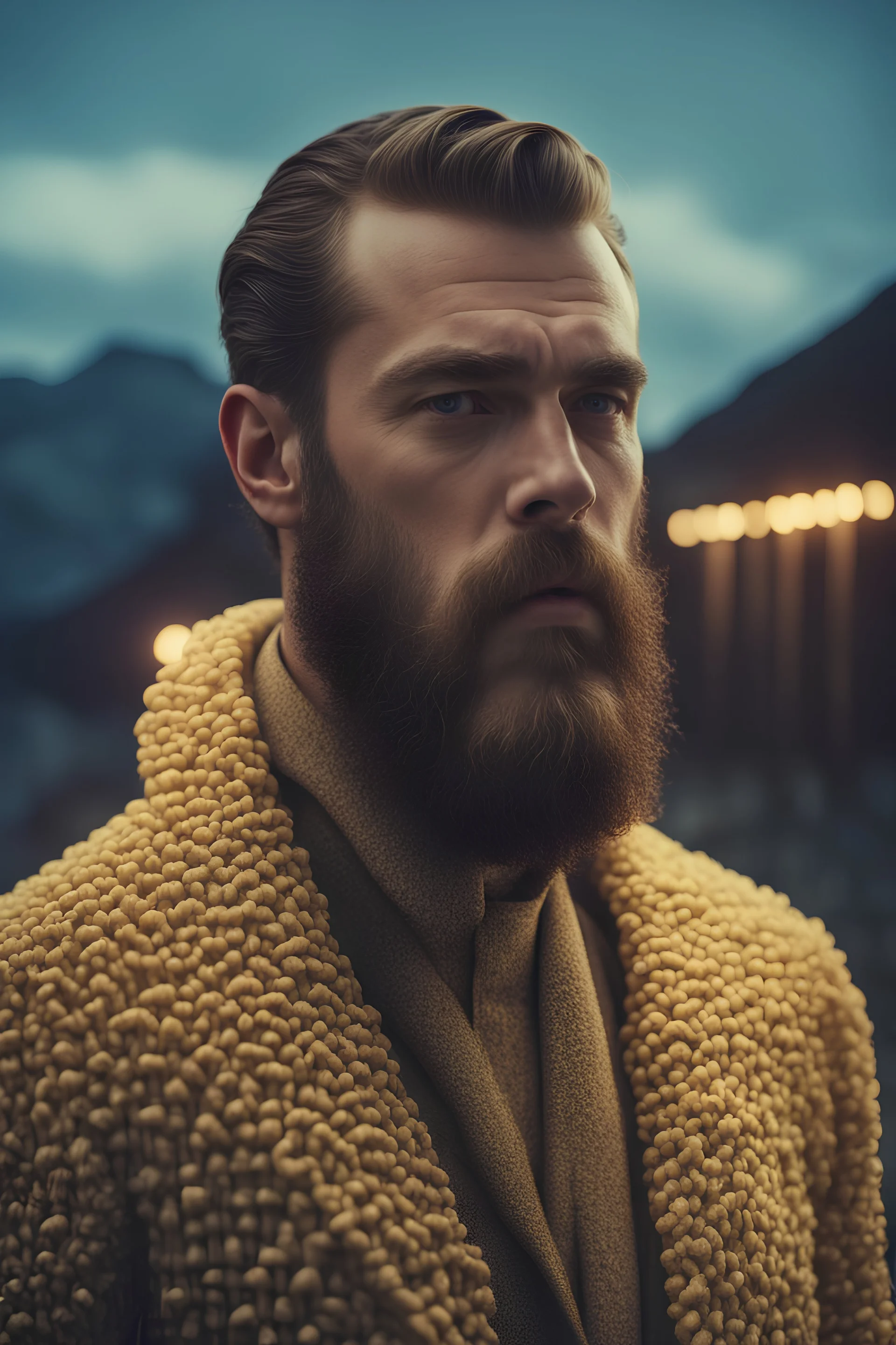 ultra realistic cinematic scene of fictional-Oscar winning historical drama young handsome beard Actor wears DAN FLAVIN 3D-printed fashion catwalk, film grain, cinematic color grading, detailed face, dramatic lighting, icelandic landscape, directed by Stanley Kubrick