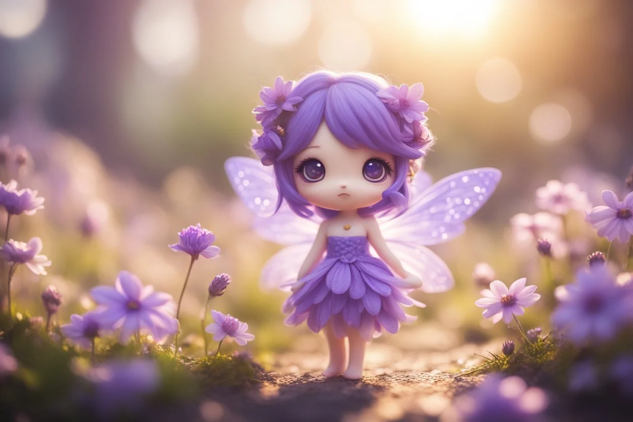 cute chibi purple fairy, flowers, in sunshine, ethereal, cinematic postprocessing, dof, bokeh
