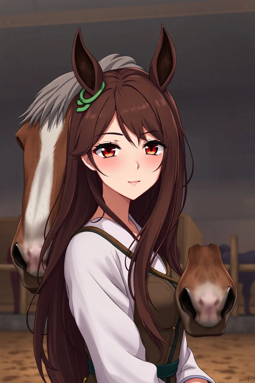 A portrait of a woman with long brown hair and red eyes with a roan horse, arena setting, anime style