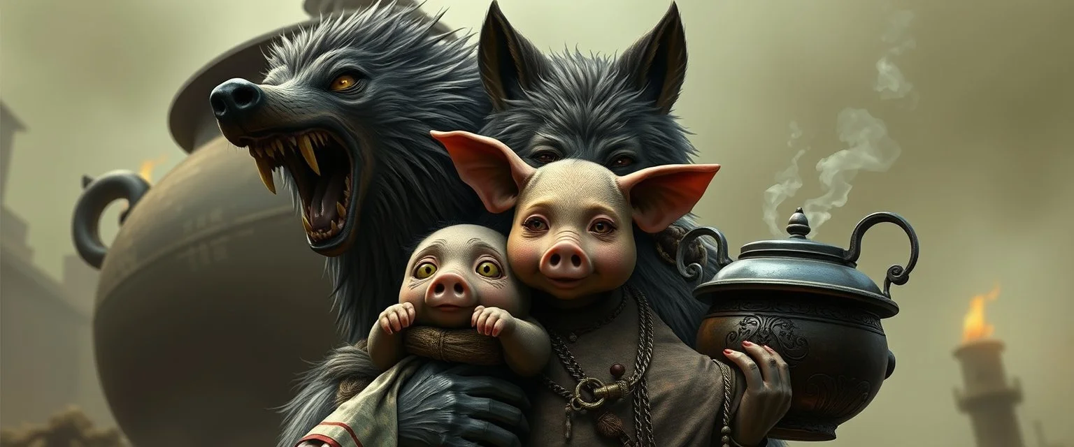 bad hairy chest wolf carrying a lovely scared wtf are you up to, chinese pig girl with dress under his arms, big cauldron in the background in the style of escher and fallout 4