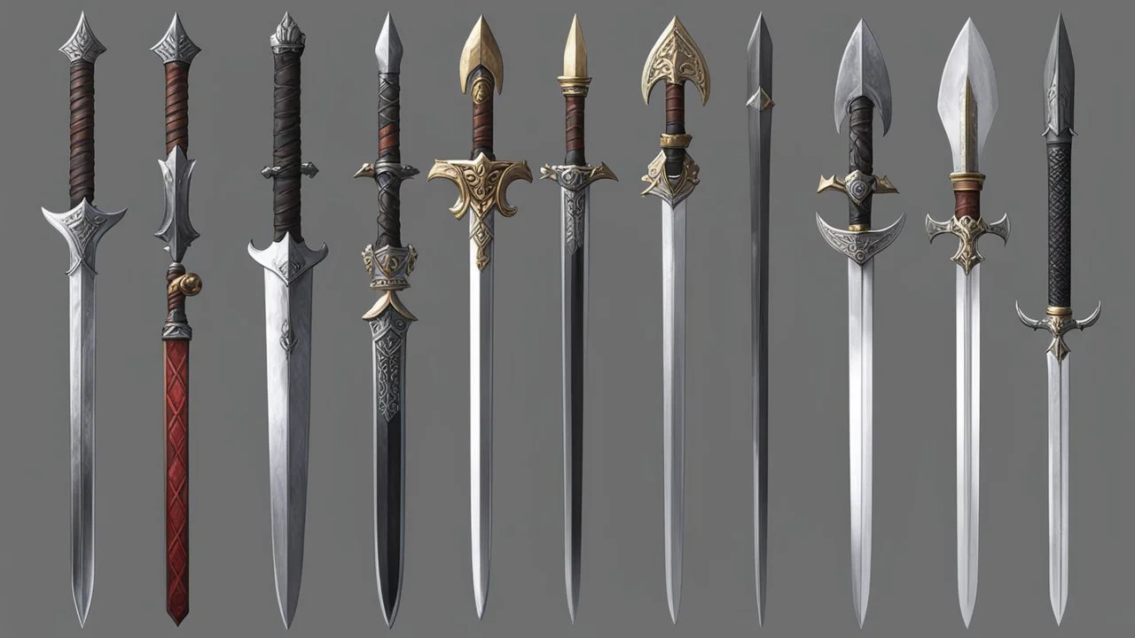 Katana, Falchion, Claymore, Khopesh, Dao, Xiphos, Cutlass, Estoc, Ulfberht, Jian, Tulwar, Sabre, Kris, Makaira, Spatha, Gladius, Kopis, Shamshir, Cinquedea, Messer