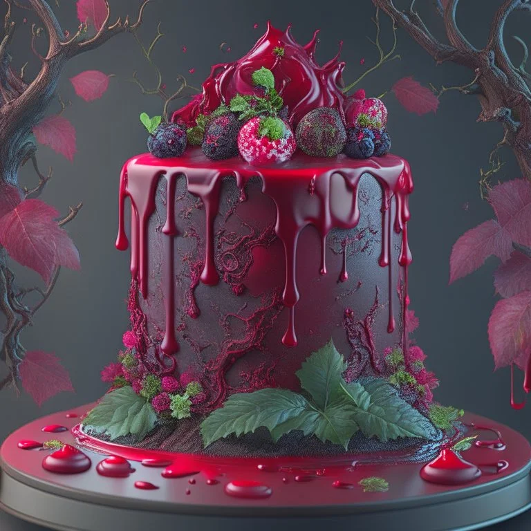 killer cake, blood, guts, intricate, darkred tones, nature, plants, ultra-detailed, iridescent, intricate shadows, Octane render, hyper-realistic, 8K, intricate textures, subsurface scattering,