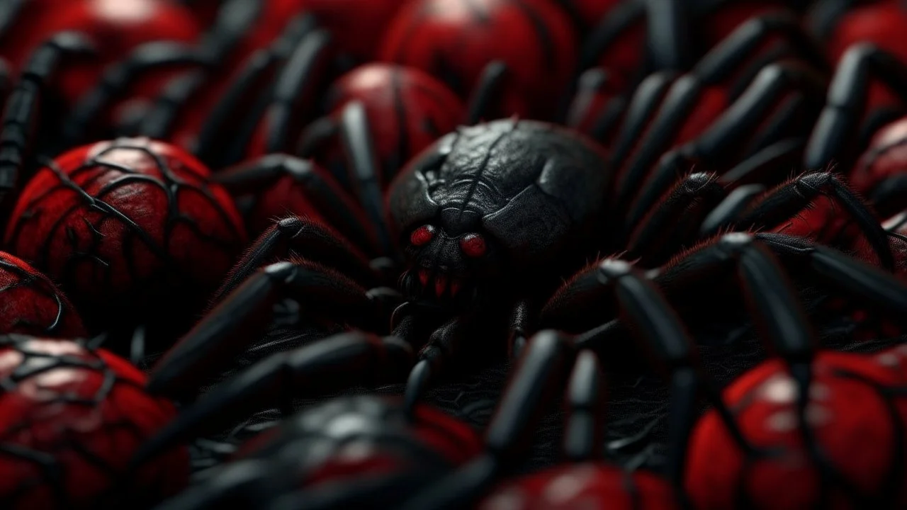 In a mesmerizing combination of brilliant and fading shades, photorealistic,a high-quality,ultra photo-realistic realism image, a black shadows gostes + red devils+ evil + spiders and snales horror, creppy background, hyper realistic, 35mm, F1.8, intricate detail, Sharp focus, super sharp,