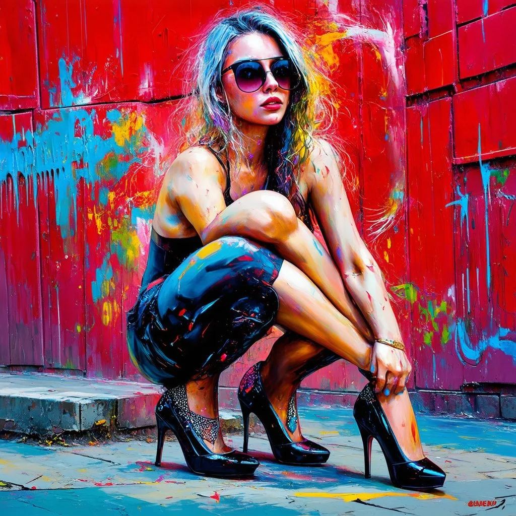 close up, full color painting of squatting cyberpunk girl, sunglasses, high heel shoes, perfect hourglass figure, (((Graffiti art) (by Carne Griffiths))), red wall background, insane details, intricat Modifiers: highly detailed Award winning photography fantasy 8k photorealistic beautiful poster award winning imperial colors fantastic view ultra detailed 4K 3D colourful very cute cinematic postprocessing acrylic art Craig Rutkowski