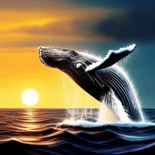 beautiful humpback whale jumping out of turbulent ocean water, stunning, magnificant, sunset sky, 8k resolution, high-quality, fine-detail, detailed matte, photography, illustration, digital art, brian froud, howard lyon, greg rutowski, Life of Pi