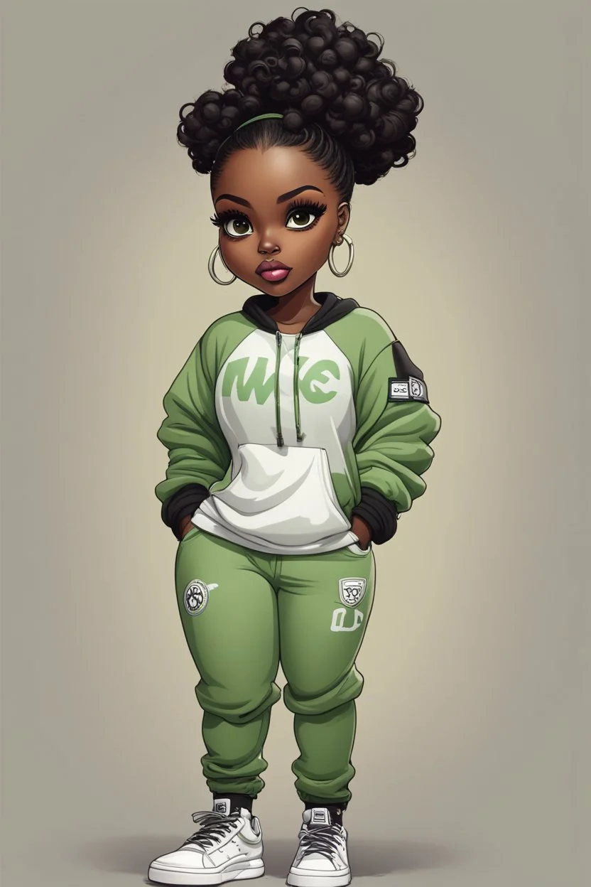 Create an whimsical image of a curvy chibi cartoon black female wearing a light green jogger set and black sneakers. Prominent make up with hazel eyes. Extremely highly detailed of messing curly bun