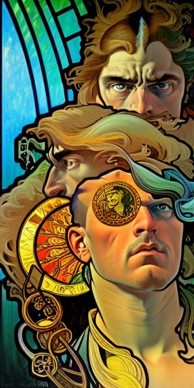 macho fine art portrait of we have seen better days in the style of Dan Mumford, Alphonse Mucha, Pythagorean, hypersigil