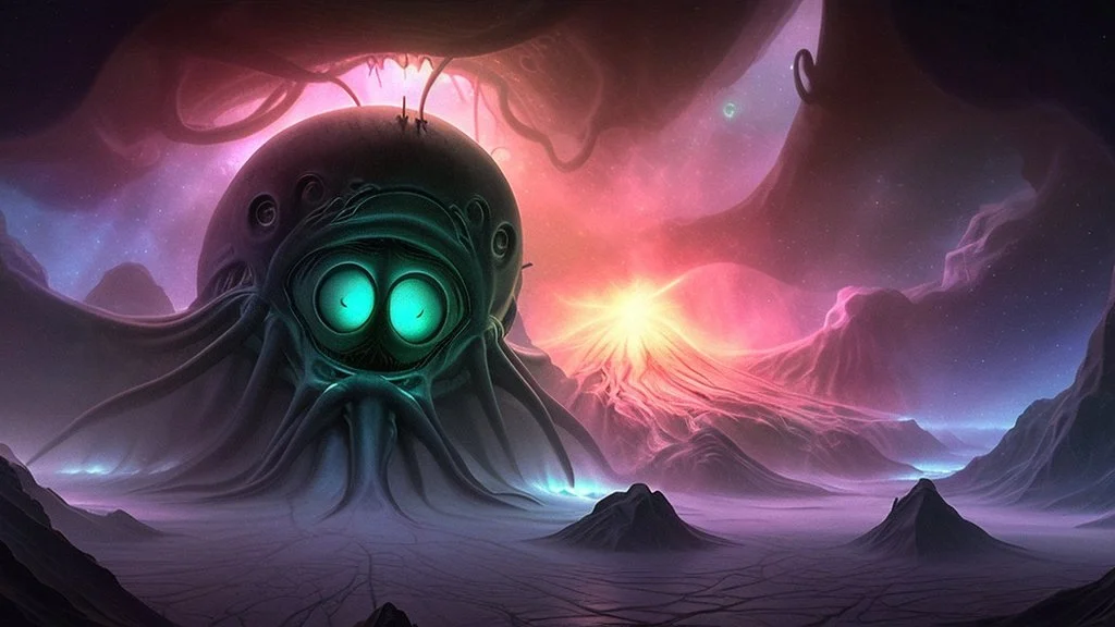 photorealistic Lovecraft Shub-Niggurath opalescent space gigantic monster, interstellar galactic particles stream event horizon, entering a quantum wormhole with great exoplanet crashing, blackhole