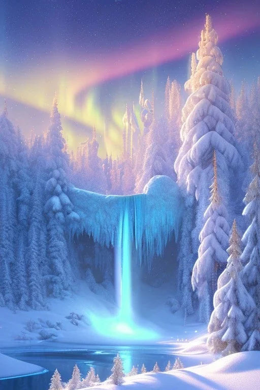  white and gold crystal background，waterfall, winter snow flakessnow, northern Lights, full of details, smooth, bright sunshine，soft light atmosphere, light effect，vaporwave colorful, concept art, smooth, extremely sharp detail, finely tuned detail, ultra high definition, 8 k, unreal engine 5, ultra sharp focus