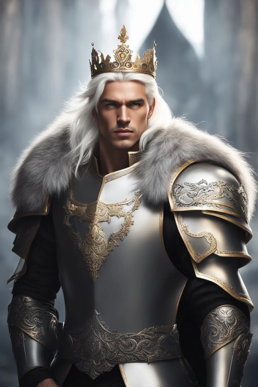 Male Tan Human, White Hair, Handsome Face, Wearing A Crown, Black Heavy Armour, Dark colours theme, Dark Background