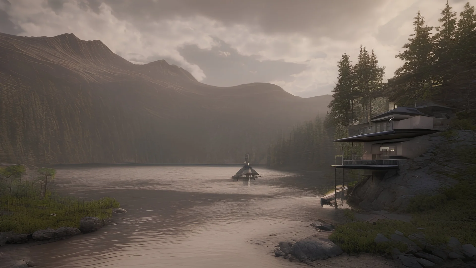 lac de montagne au pied d'une maison futuriste