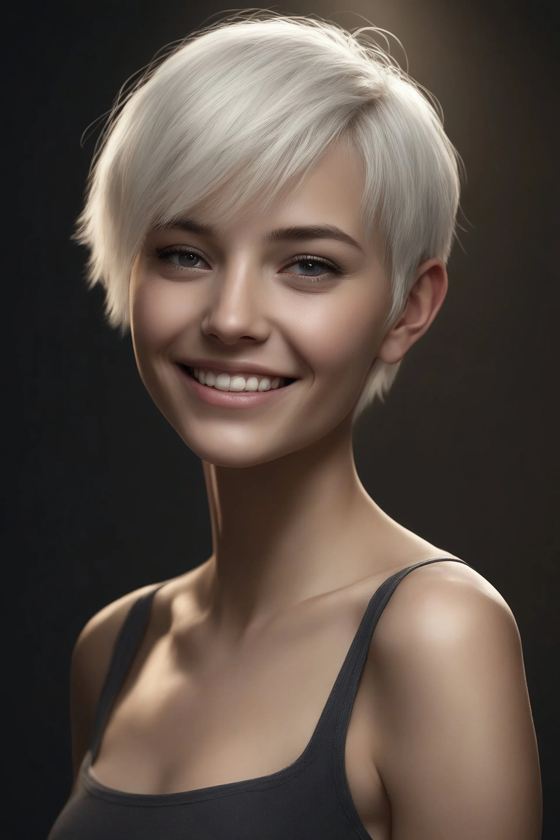 Chiaroscuro lighting, deep shadows, rich deep colors, full body portraits, 8K Ultra-HD, Hyper Realistic, Photorealistic, Realistic, focused, Clear, Extremely Detailed, beautiful, Cinematic, proportionate, full color, an image of a smiling young woman with short, pixie-cut bleached white hair, tapered on the sides, wearing a pair of blue round lensed glasses, big, gold hoop earrings, and a pink and blue button t-shirt, big happy smile, a foggy, cloudy blue background