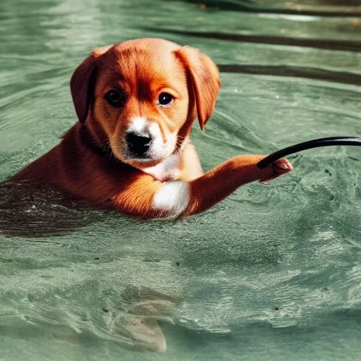 a puppy swimming in the water with headphones